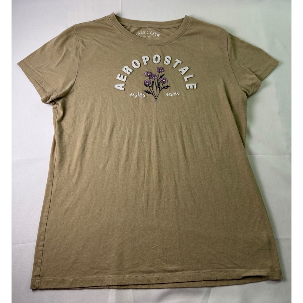 Aeropostale Mens Classic Crew T Shirt Tan Floral Logo Graphic Short Sleeve XL‎
